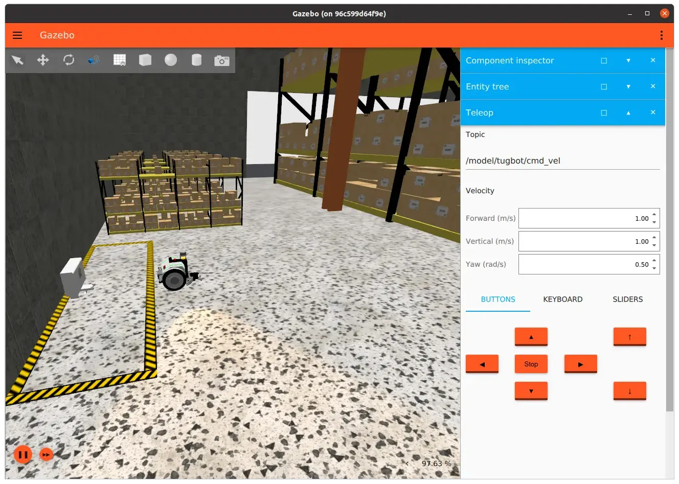 Tugbot AMR in Gazebo Harmonic warehouse — a real diff-drive robot using ros2_control